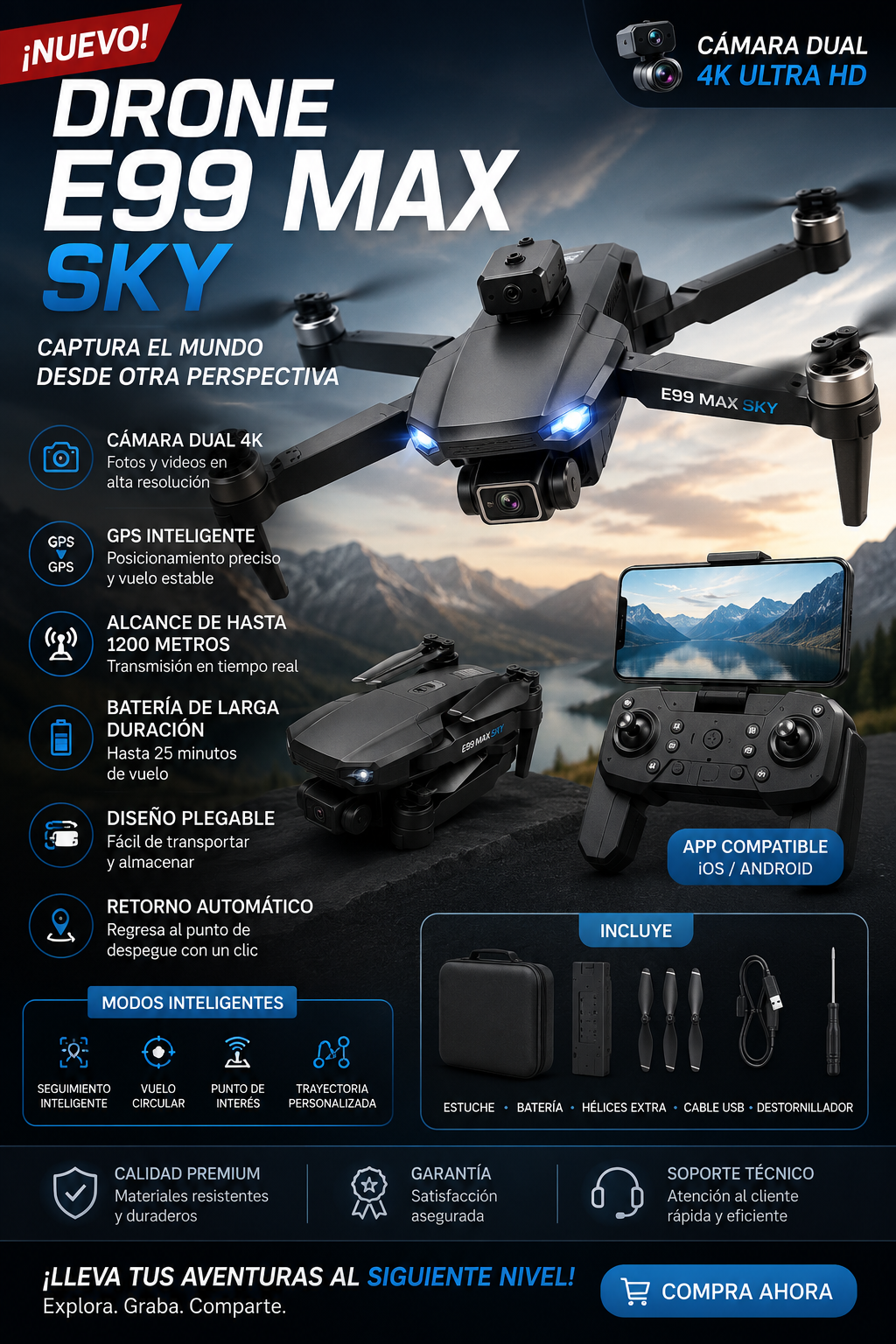 [OFERTA] - Dron E99 Max Sky Vision 4K + CONTROL PANTALLA CELULAR